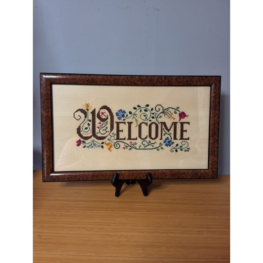 VTG Framed Cross Stitch Welcome Greeting Sign Handmade Country Cottage Farmhouse